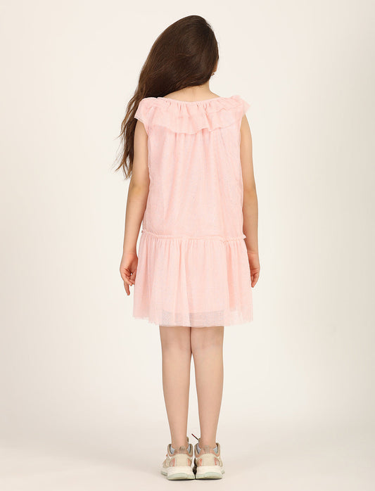 Zion Shimmered Mesh  Sleeveless A Line Dress  - Peach