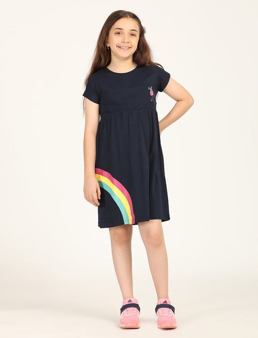 Zion Girls Rainbow print fit and Flare Dress-Navy