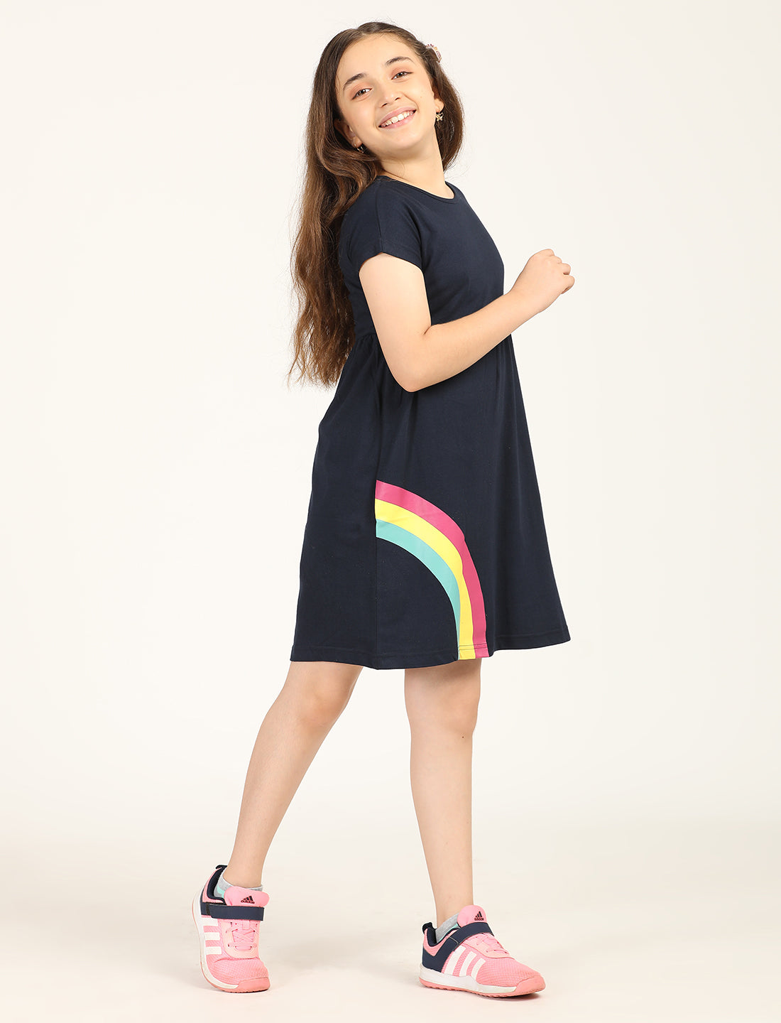 Zion Girls Rainbow print fit and Flare Dress-Navy