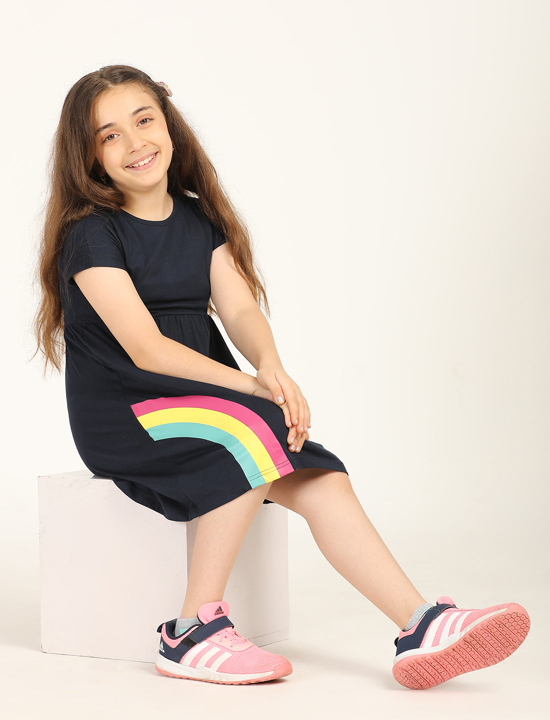 Zion Girls Rainbow print fit and Flare Dress-Navy