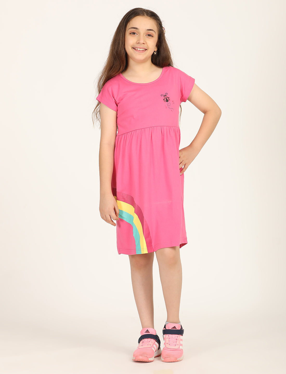 Zion Girls Rainbow print fit and Flare Dress-Dark pink