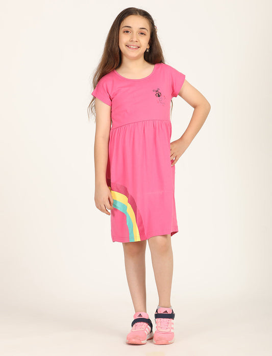 Zion Girls Rainbow print fit and Flare Dress-Dark pink