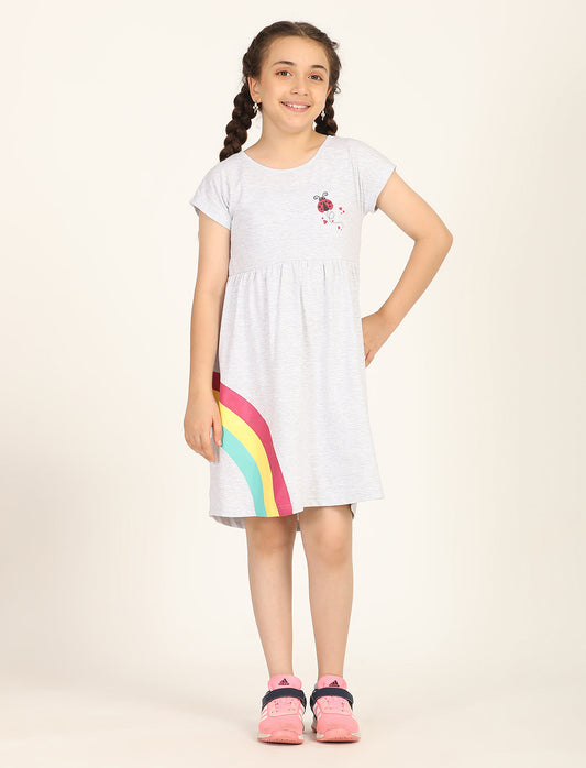 Zion Girls Rainbow print fit and Flare Dress-white Melange