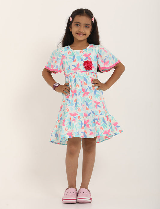 Zion Girls Printed Fit and Flare Dress with Flower Detail and Tie up Tape-Lt Blue