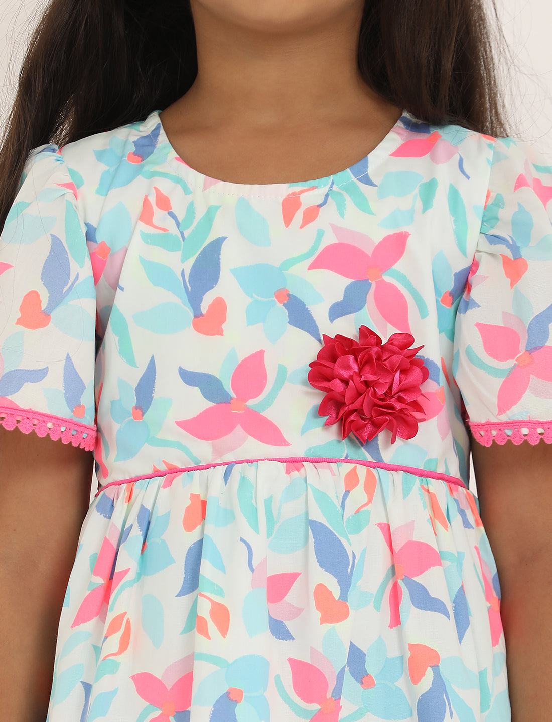 Zion Girls Printed Fit and Flare Dress with Flower Detail and Tie up Tape-Lt Blue