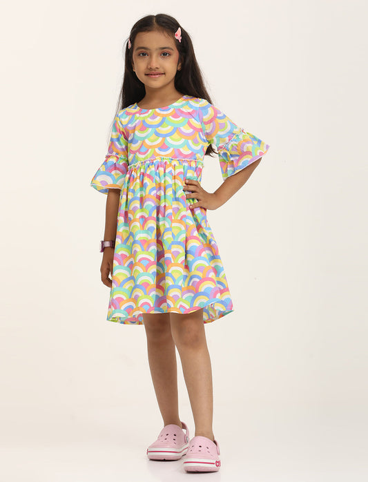 Zion Cotton Geometric Printed Bell sleeve Dress with ruffles Waist - Multi