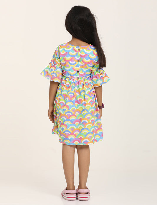 Zion Cotton Geometric Printed Bell sleeve Dress with ruffles Waist - Multi