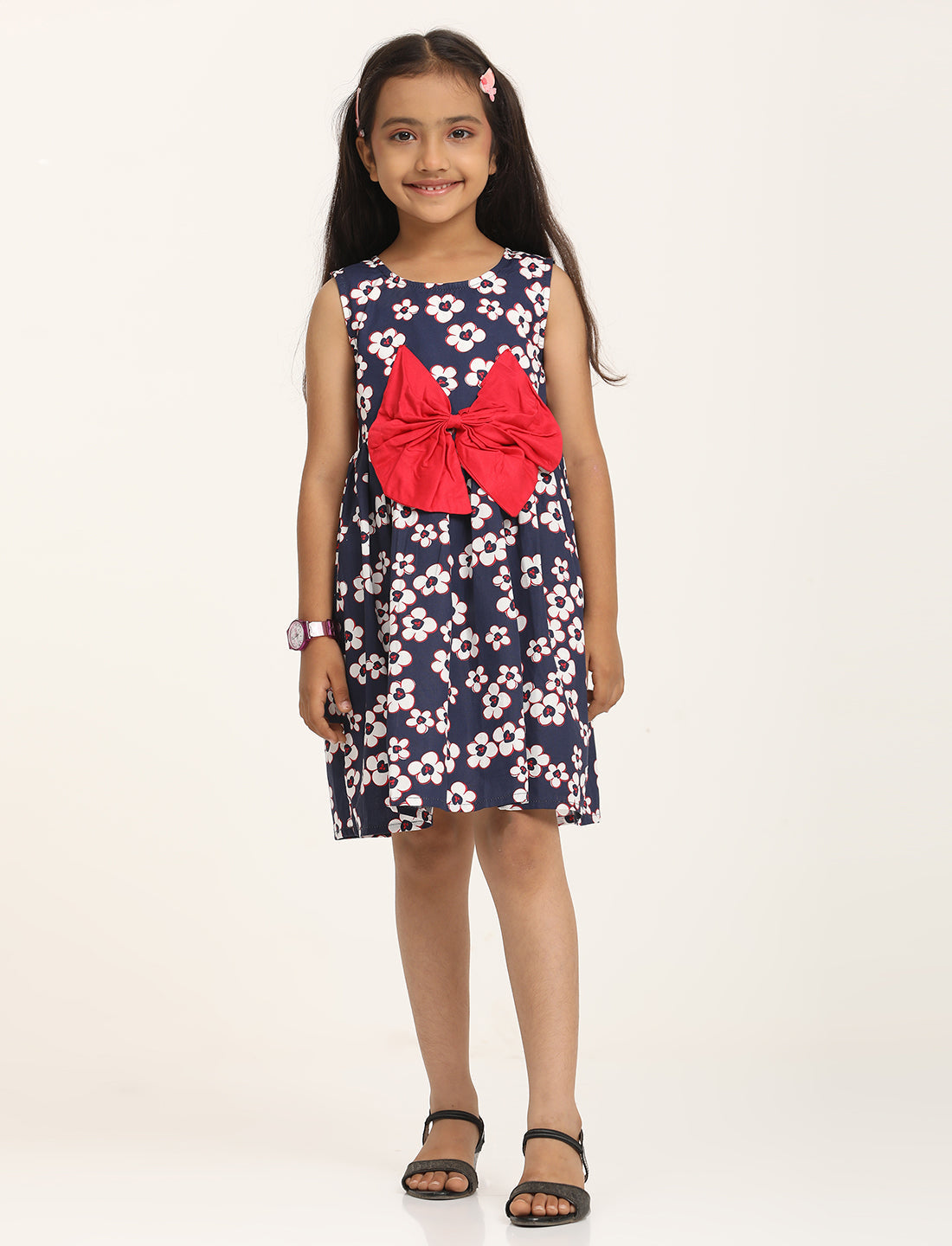 Zion Cotton Floral  Printed Sleeveless Dress with Front Bow - Navy