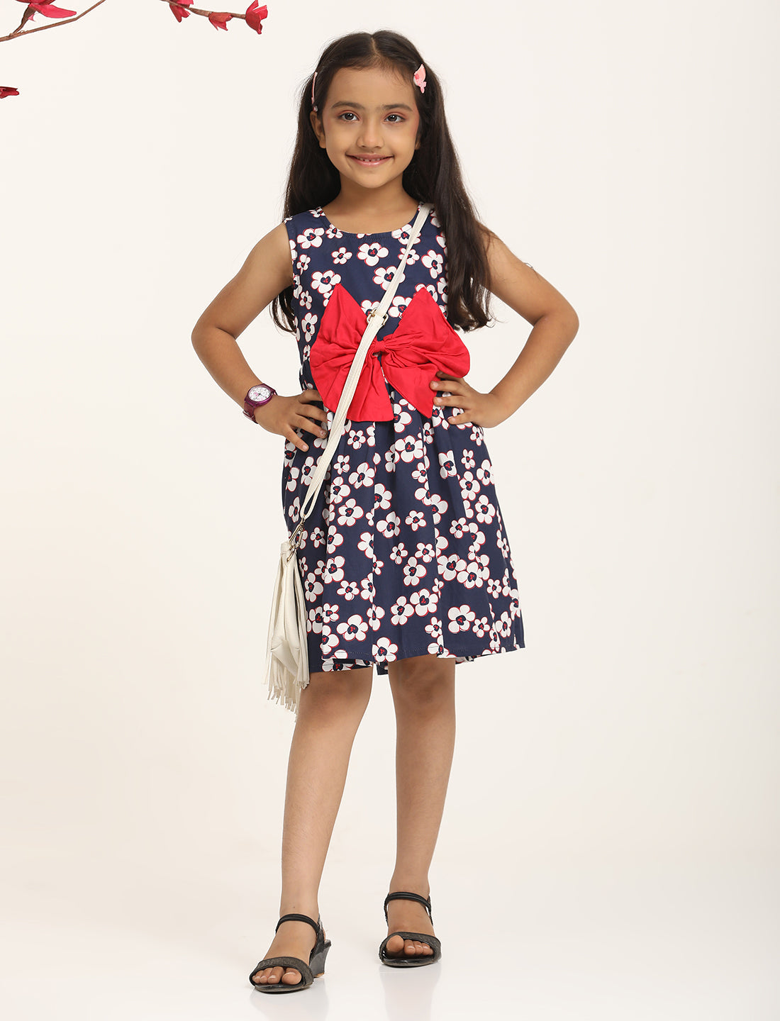 Zion Cotton Floral  Printed Sleeveless Dress with Front Bow - Navy
