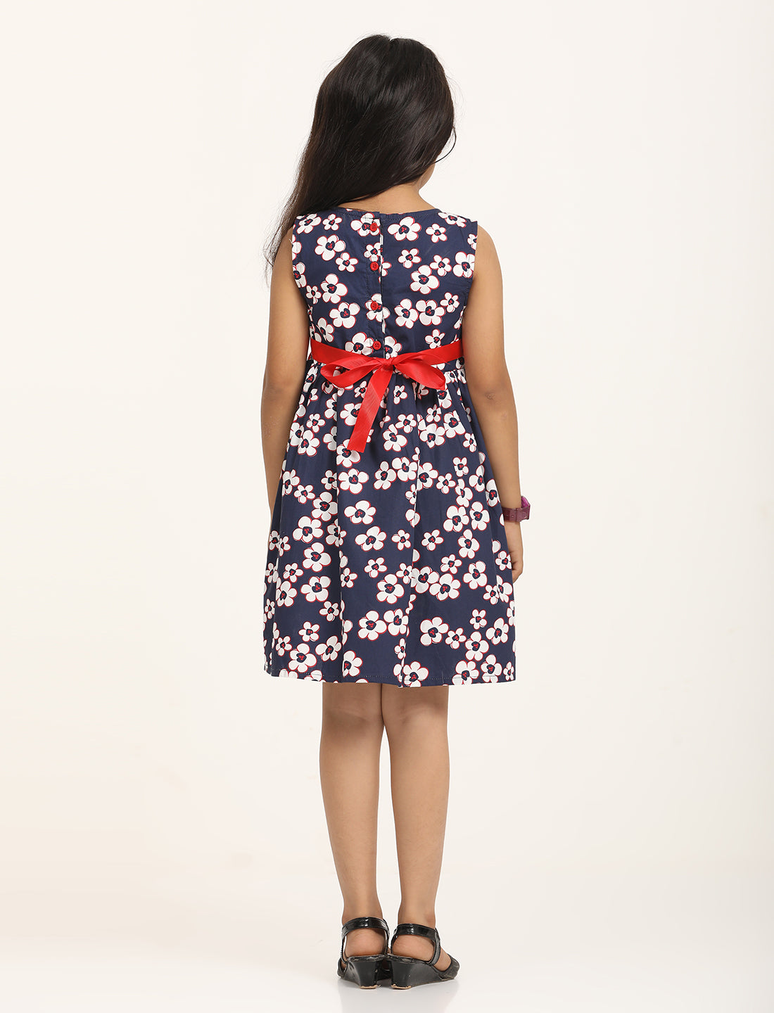 Zion Cotton Floral  Printed Sleeveless Dress with Front Bow - Navy
