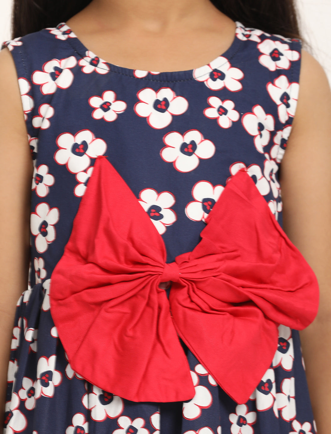 Zion Cotton Floral  Printed Sleeveless Dress with Front Bow - Navy