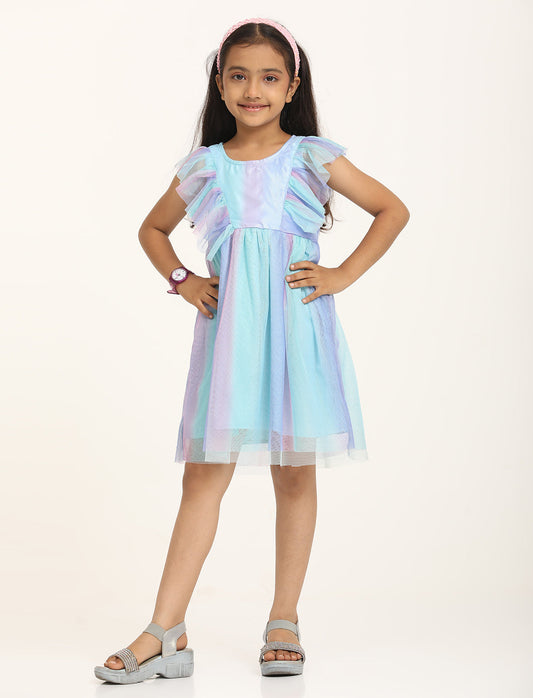 Zion Girls Fit and Flare Dress in Shimmer Mesh & Ruffle Highlights-Lavender