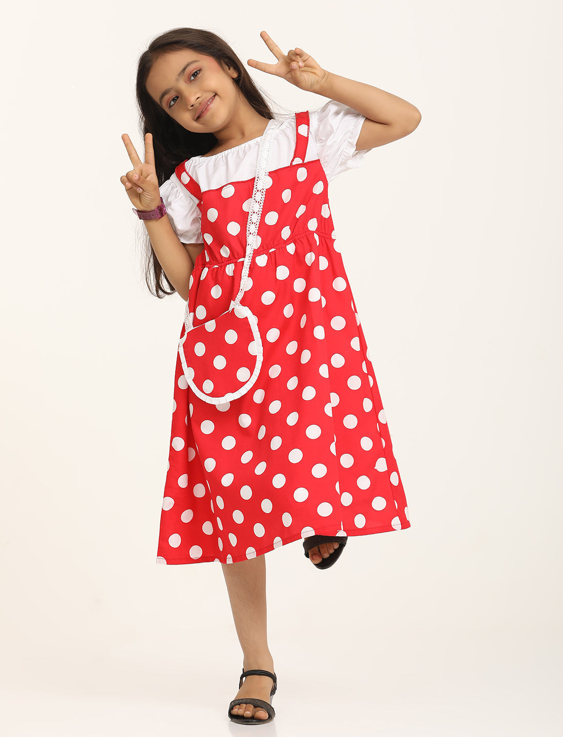 Zion Cotton Half Sleeves Polka Dot Printed Shoulder strap Dress with Sling Bag - Red
