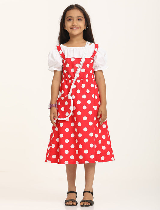 Zion Cotton Half Sleeves Polka Dot Printed Shoulder strap Dress with Sling Bag - Red