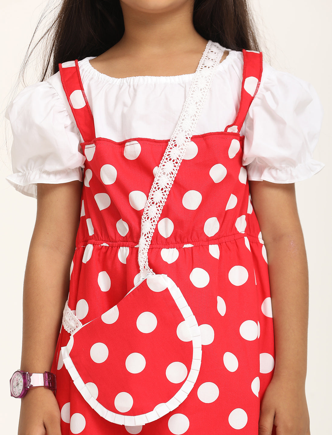 Zion Cotton Half Sleeves Polka Dot Printed Shoulder strap Dress with Sling Bag - Red