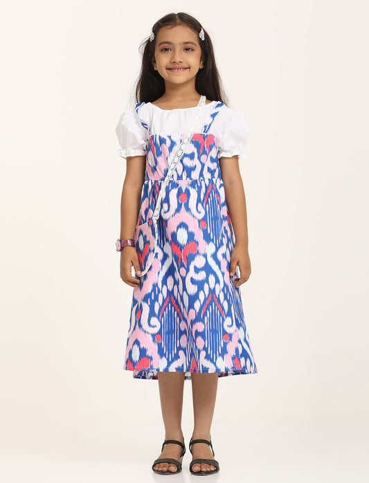 Zion Cotton Half Sleeves Bohemian Printed Shoulder strap Dress with Sling Bag - Royal Blue
