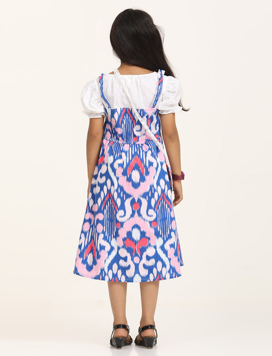 Zion Cotton Half Sleeves Bohemian Printed Shoulder strap Dress with Sling Bag - Royal Blue