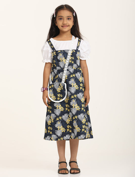 Zion Cotton Half Sleeves Tropical leaf Printed Shoulder strap Dress with Sling Bag - Navy Blue