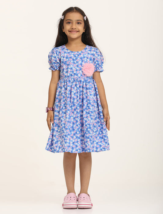 Zion Cotton Short sleeve Floral Printed Fit and Flare Dress - Blue
