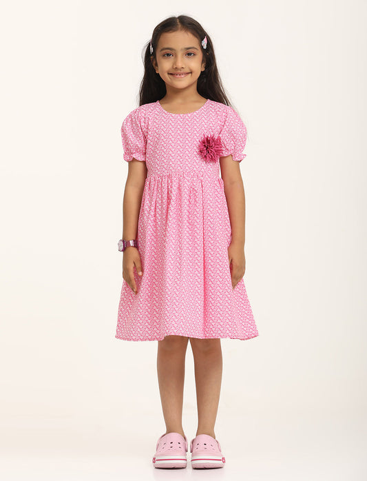 Zion Cotton Short sleeve Floral Printed Fit and Flare Dress - Pink