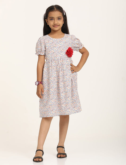 Zion Cotton Short sleeve Floral Printed Fit and Flare Dress - White