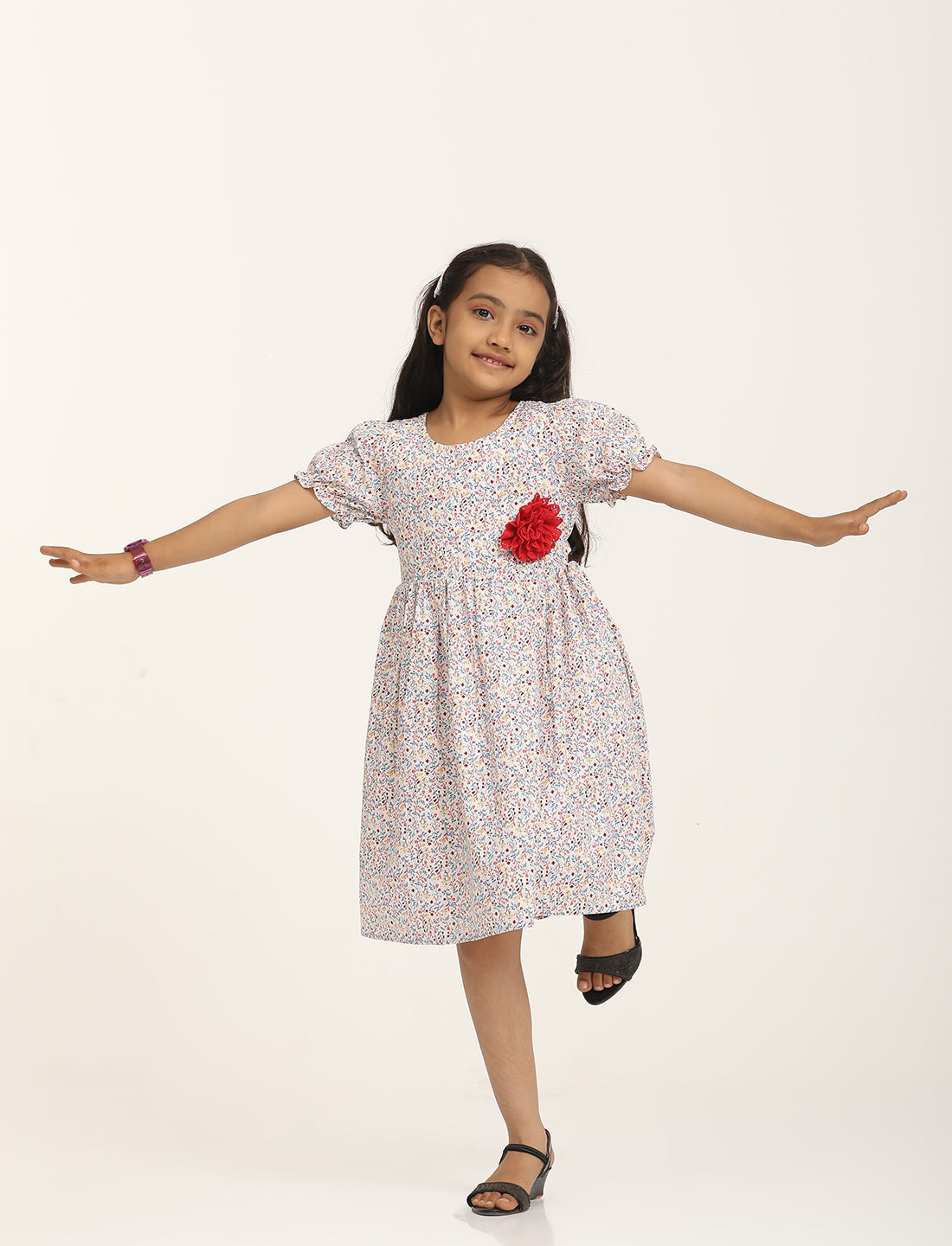 Zion Cotton Short sleeve Floral Printed Fit and Flare Dress - White