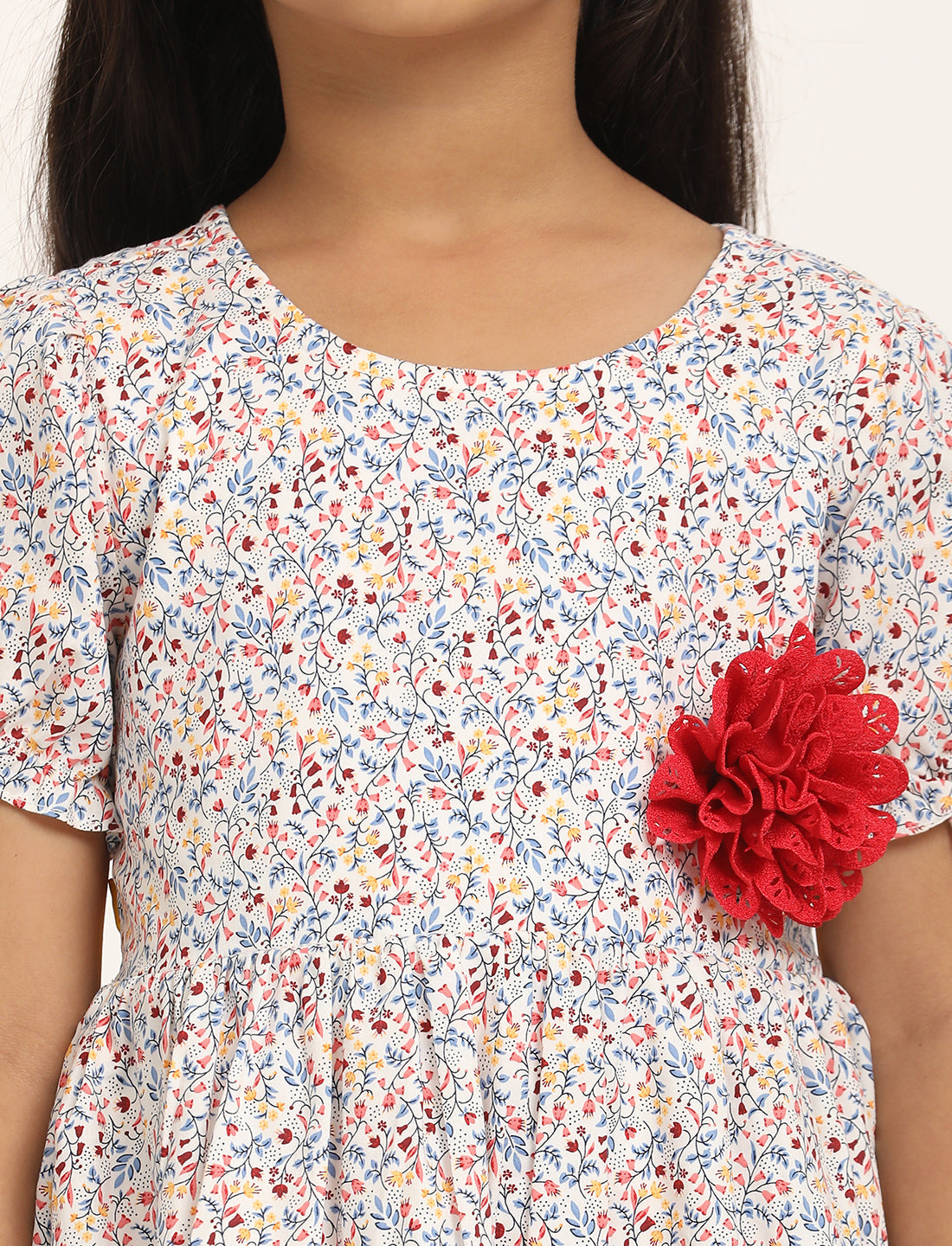 Zion Cotton Short sleeve Floral Printed Fit and Flare Dress - White