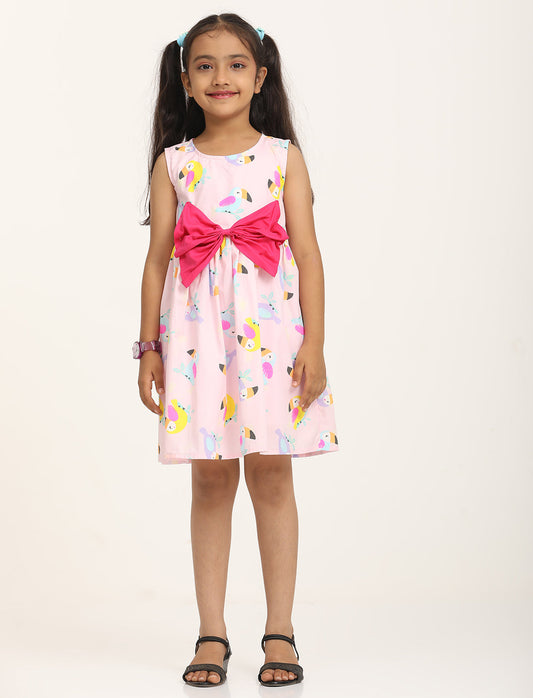 Zion Cotton Bird Printed Sleeveless Dress with Front Bow - Pink