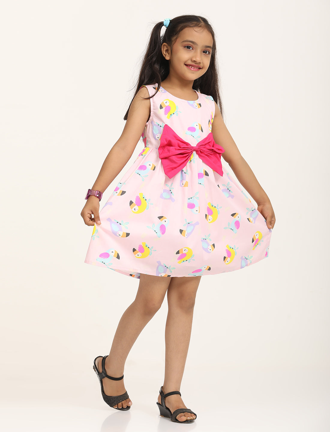 Zion Cotton Bird Printed Sleeveless Dress with Front Bow - Pink
