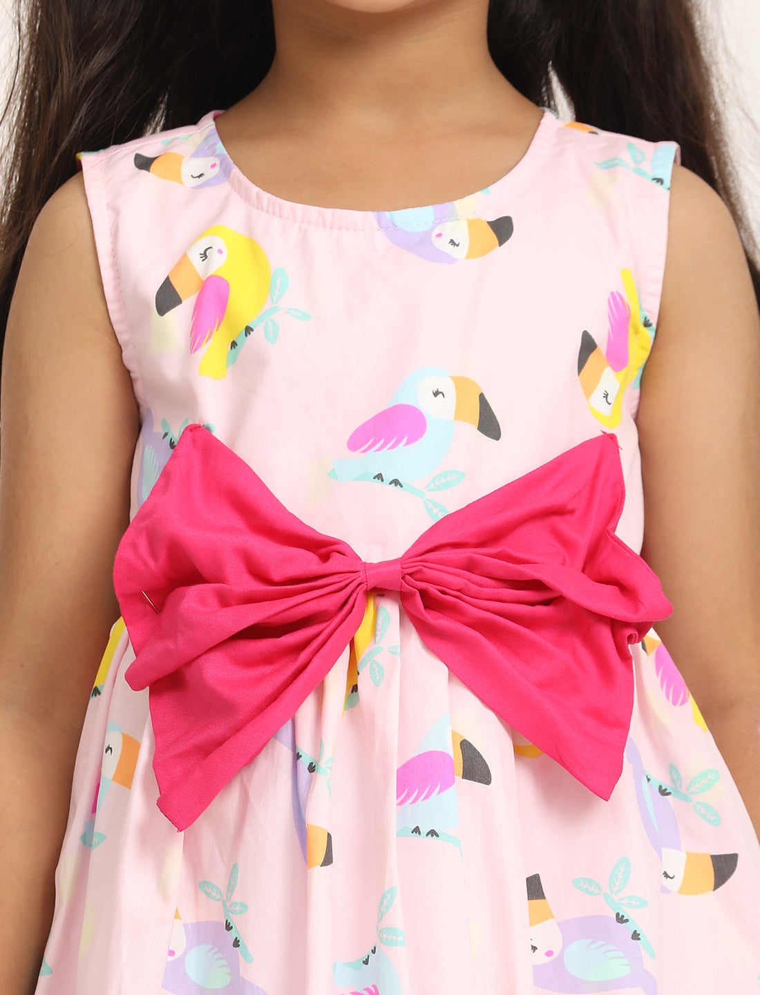 Zion Cotton Bird Printed Sleeveless Dress with Front Bow - Pink