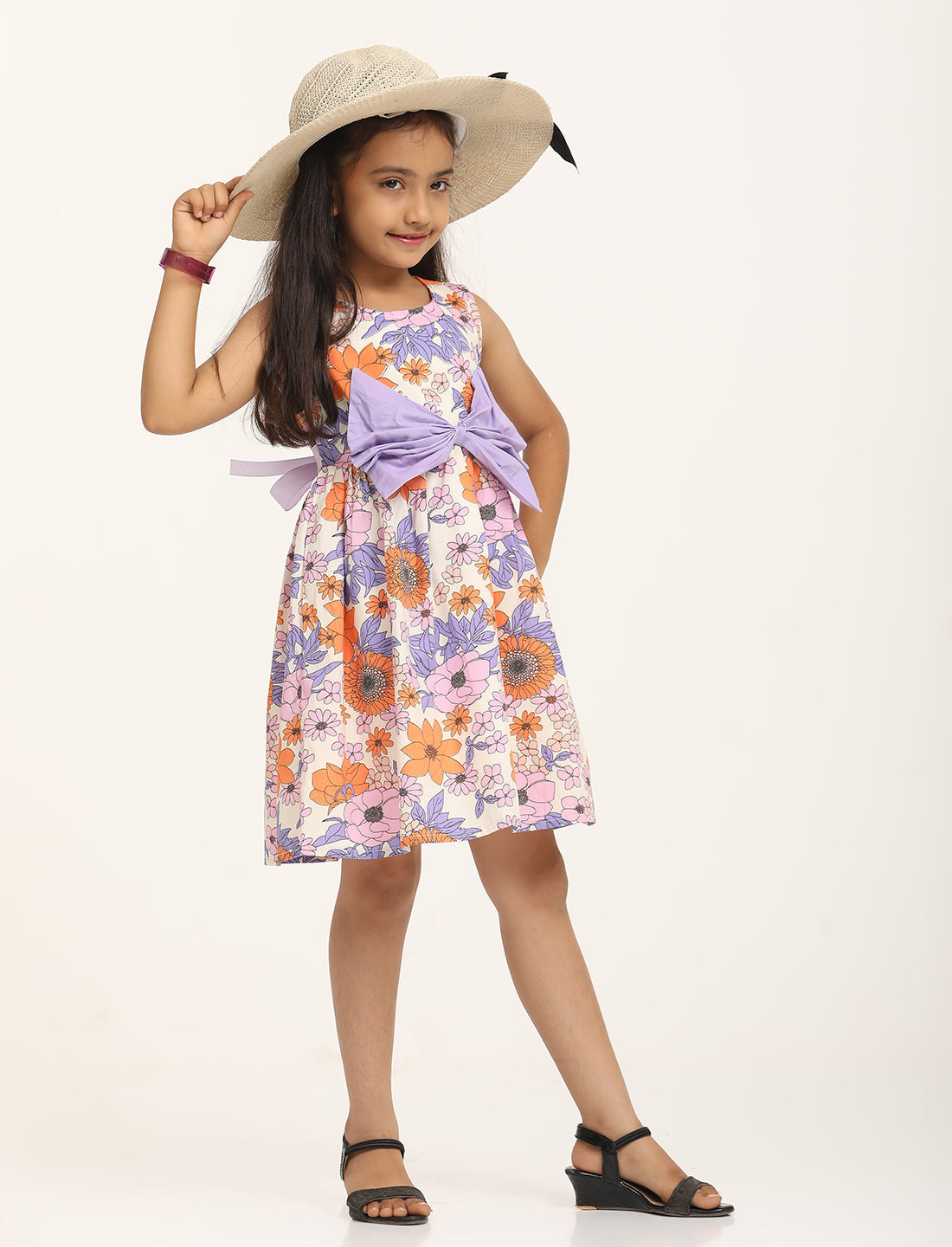 Zion Cotton Floral Dot Printed Sleeveless Dress with Front Bow - Beige