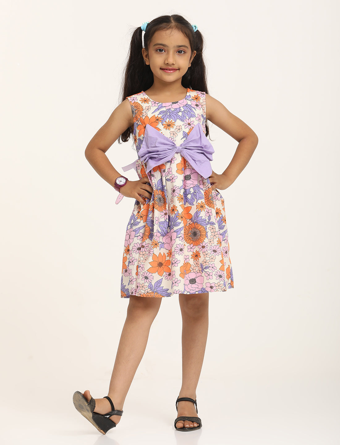 Zion Cotton Floral Dot Printed Sleeveless Dress with Front Bow - Beige