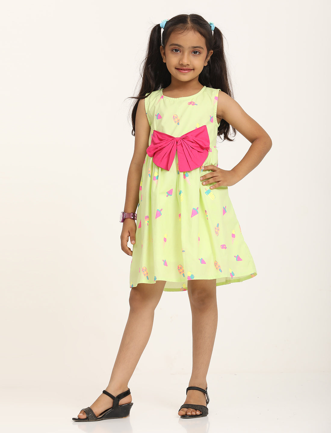 Zion Cotton Popsicle Printed Sleeveless Dress with Front Bow - Green