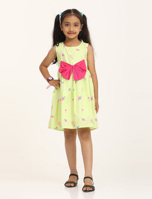 Zion Cotton Popsicle Printed Sleeveless Dress with Front Bow - Green