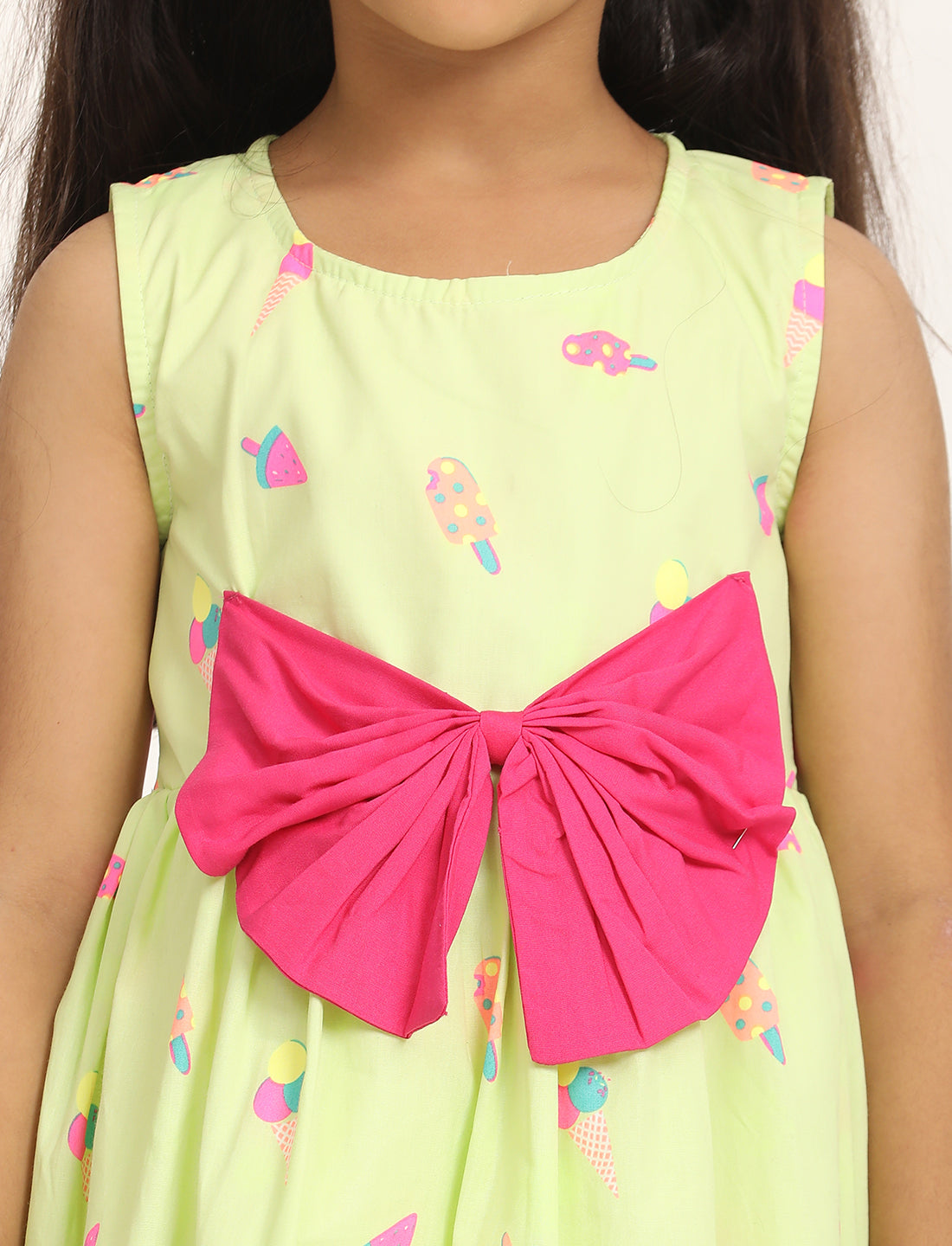 Zion Cotton Popsicle Printed Sleeveless Dress with Front Bow - Green