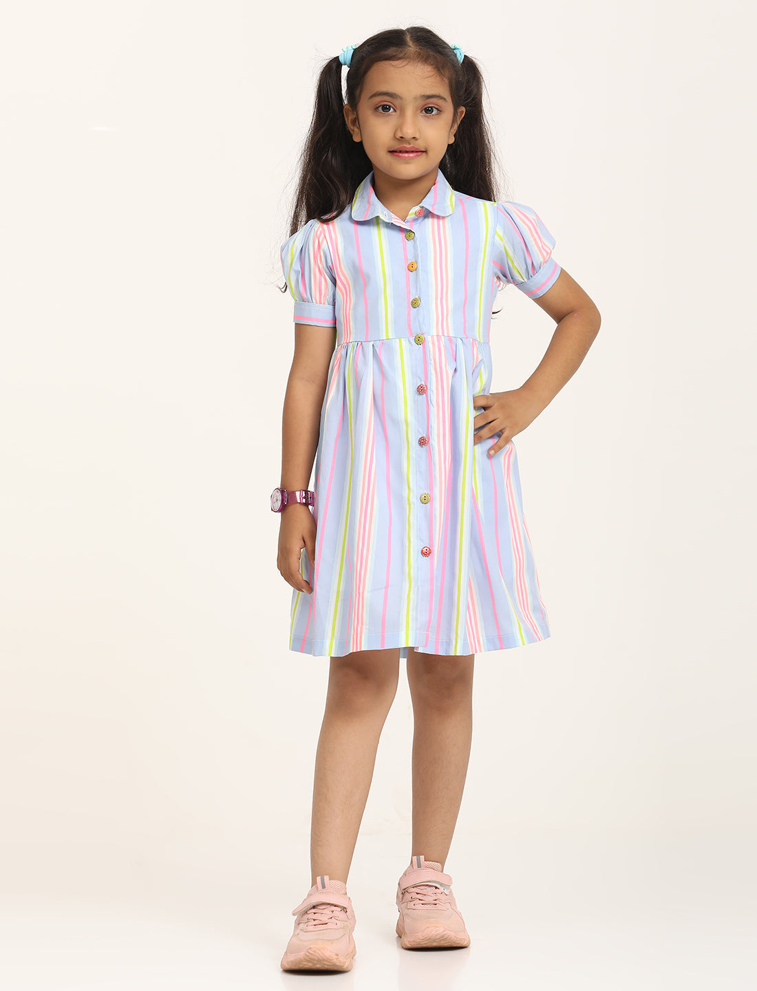 Zion Cotton Printed stripes Front Open Dress - Blue