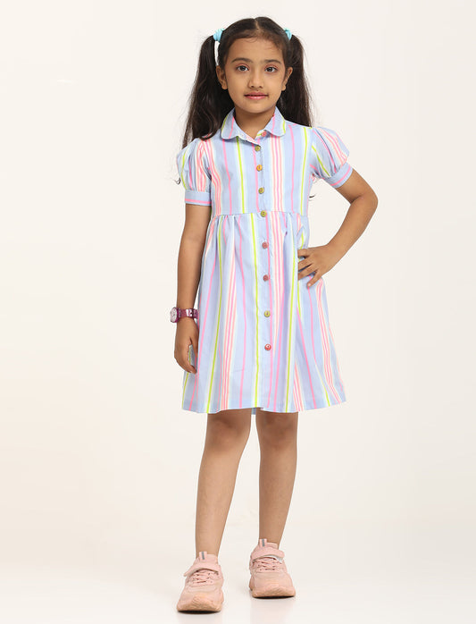 Zion Cotton Printed stripes Front Open Dress - Blue