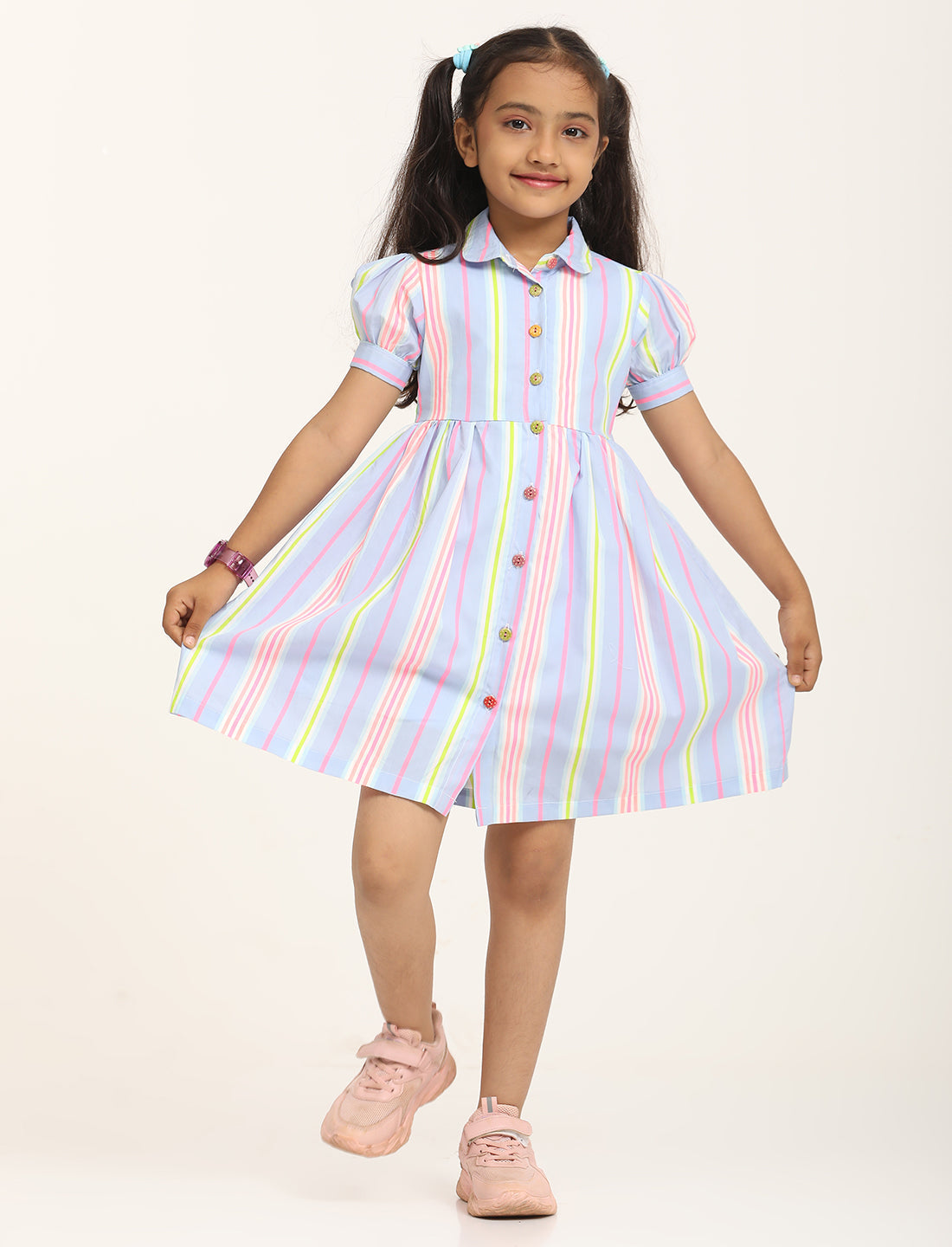 Zion Cotton Printed stripes Front Open Dress - Blue