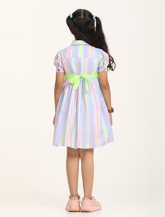 Zion Cotton Printed stripes Front Open Dress - Blue