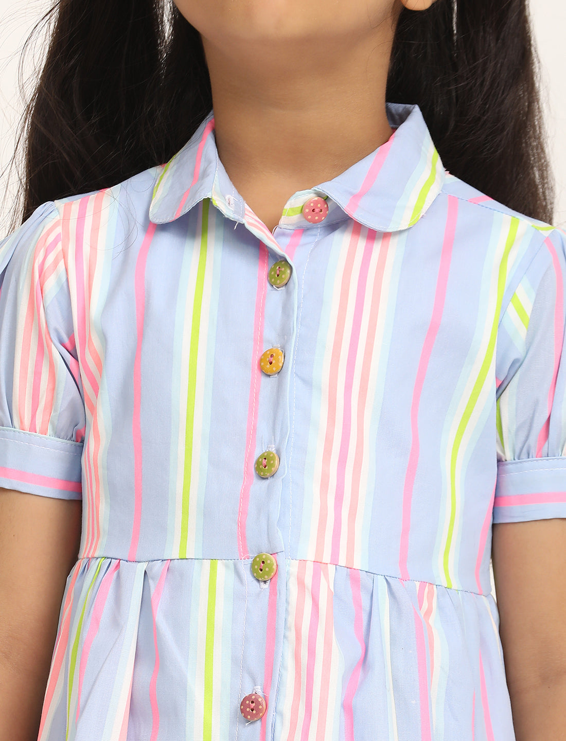 Zion Cotton Printed stripes Front Open Dress - Blue
