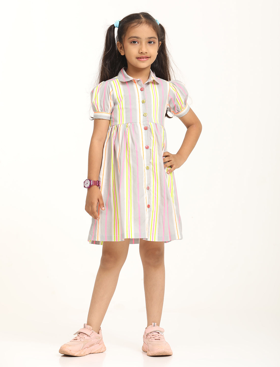 Zion Cotton Printed stripes Front Open Dress - Grey