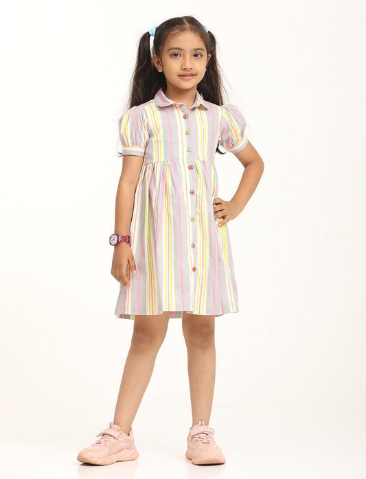 Zion Cotton Printed stripes Front Open Dress - Grey