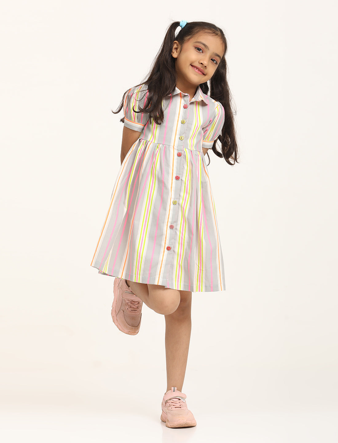 Zion Cotton Printed stripes Front Open Dress - Grey
