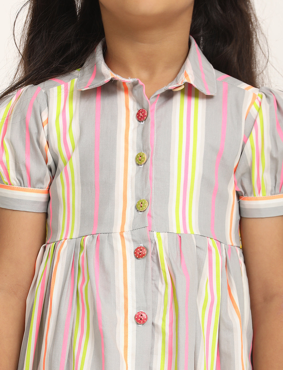 Zion Cotton Printed stripes Front Open Dress - Grey