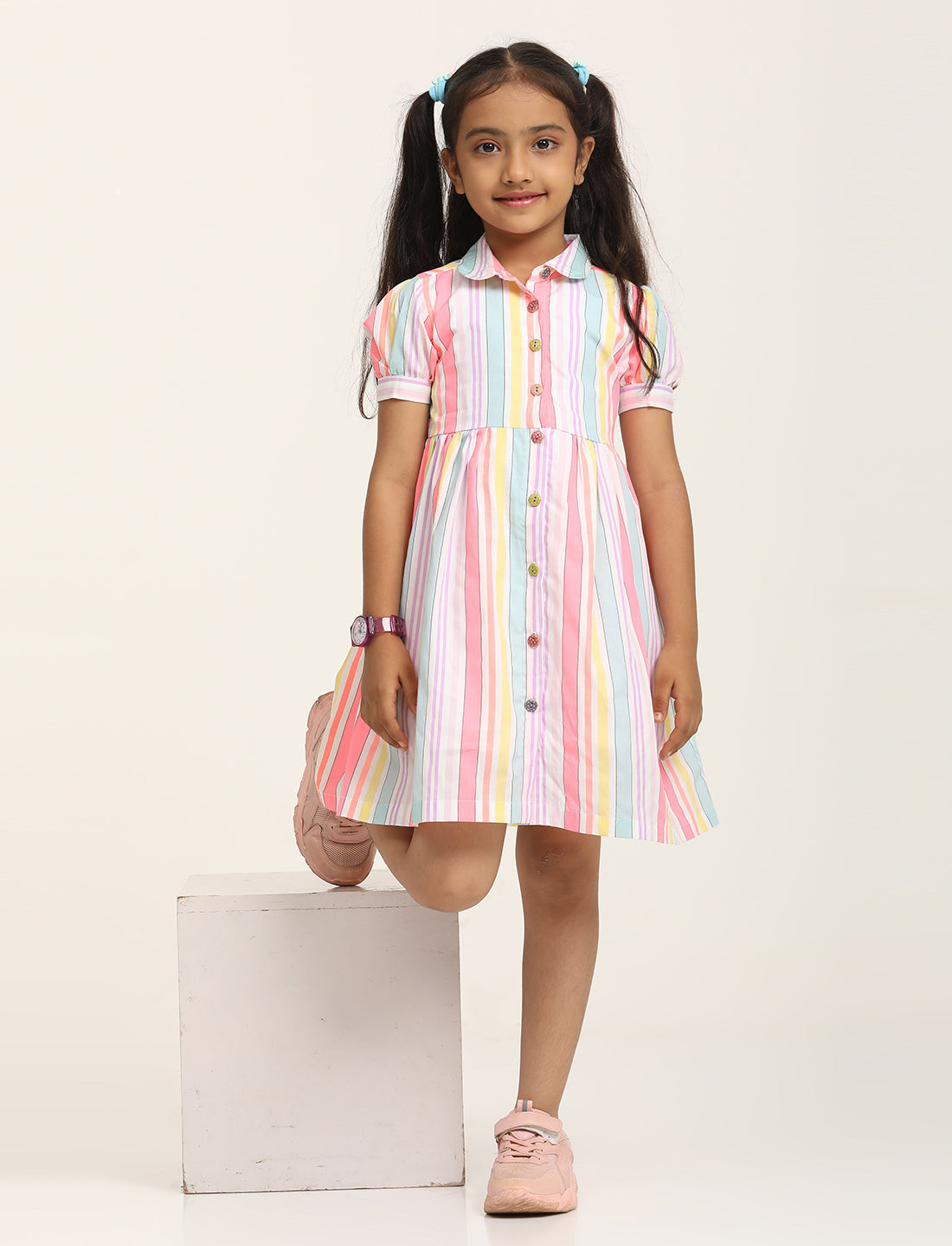 Zion Cotton Printed stripes Front Open Dress - Yellow