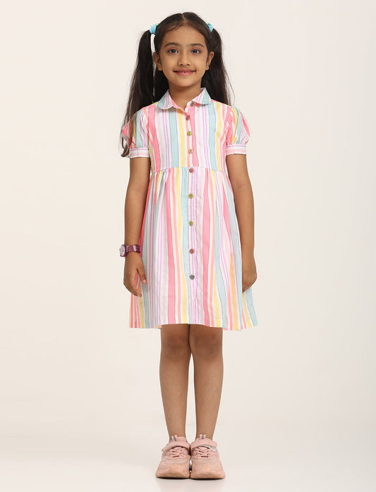 Zion Cotton Printed stripes Front Open Dress - Yellow