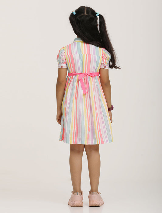 Zion Cotton Printed stripes Front Open Dress - Yellow
