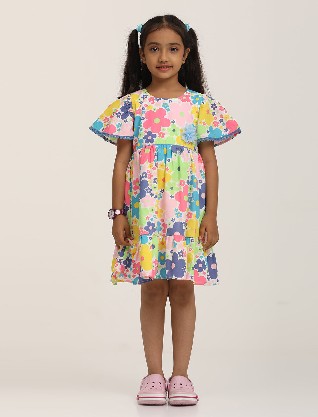 Zion Girls Printed Fit and Flare Dress with Flower Detail and Tie up Tape-Multi