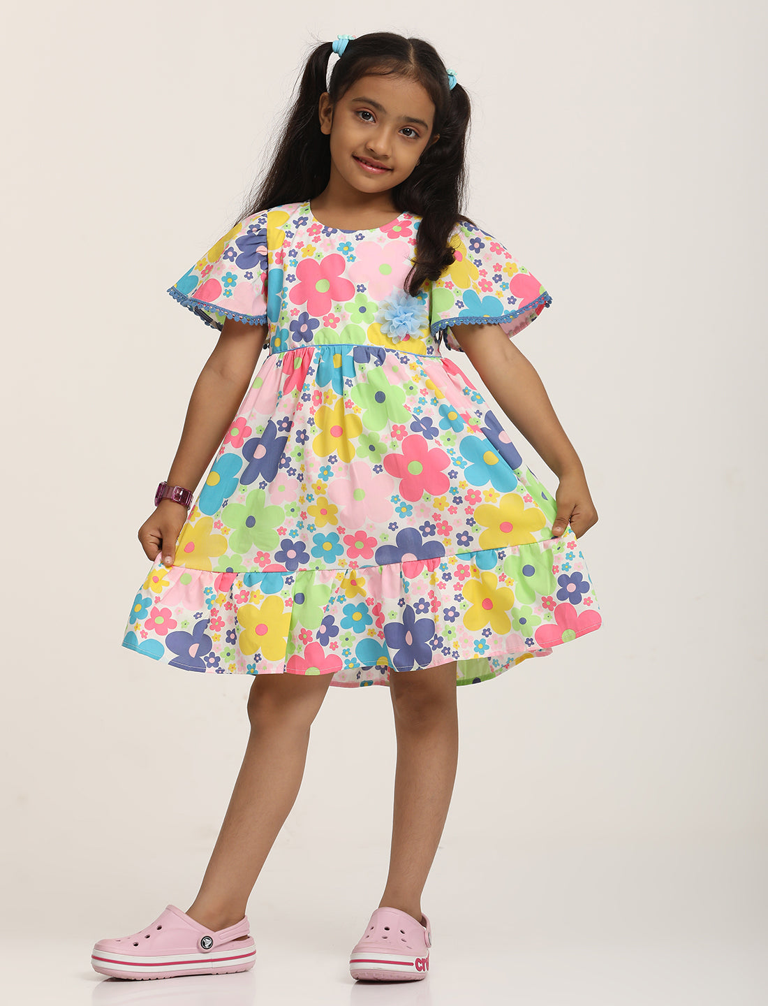 Zion Girls Printed Fit and Flare Dress with Flower Detail and Tie up Tape-Multi