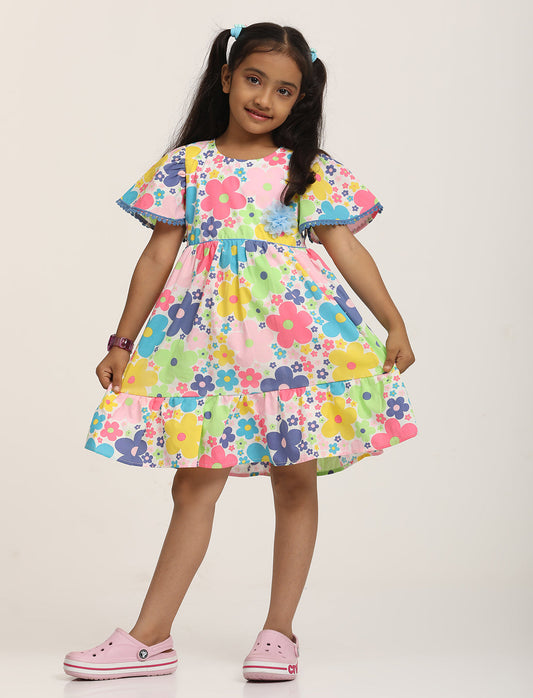 Zion Girls Printed Fit and Flare Dress with Flower Detail and Tie up Tape-Multi